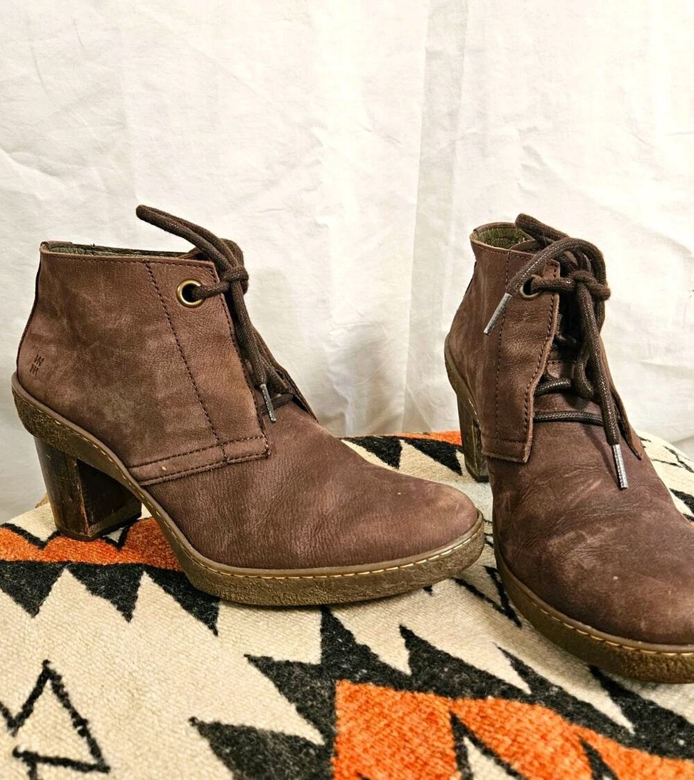 El Naturalista Suede Lace Up Ankle Boots Brown Chunky Heel Boho Womens 9.5